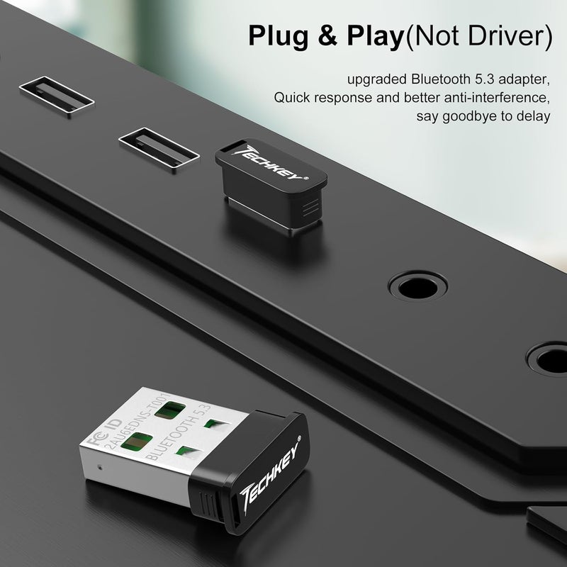 TECHKEY USB Bluetooth Adapter for Desktop PC, Plug&Play 5.3 Mini EDR Bluetooth Dongle Receiver & Transmitter for Laptop Computer Compatible with BT Headphones Keyboard Mouse Windows 11/10/8.1 - Image 2